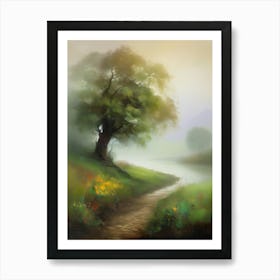 Oak tree, fine work of art, misty atmosphere, green meadow..4 Art Print