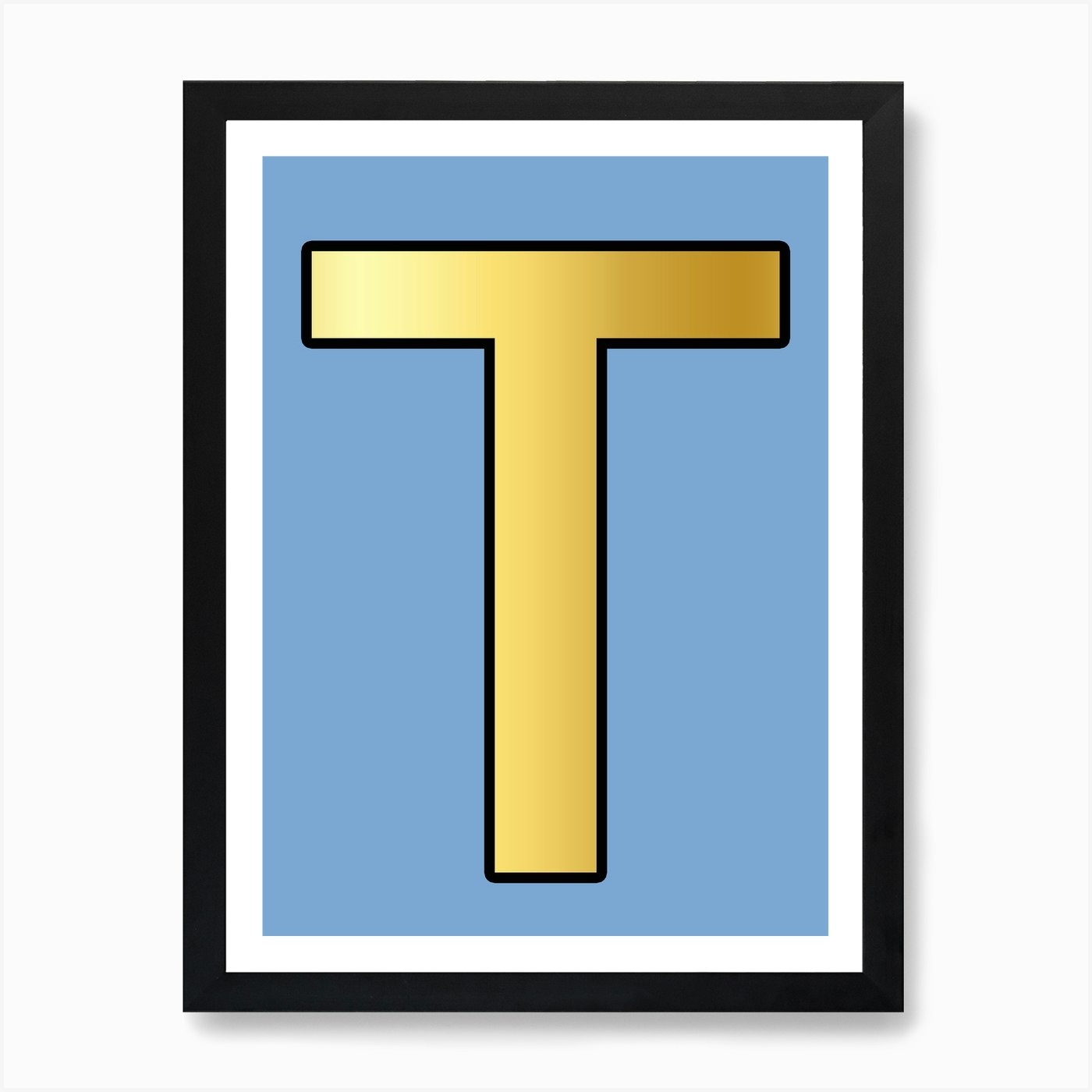 Letter T Gold Alphabet Light Blue Art Print By Mambo Fy