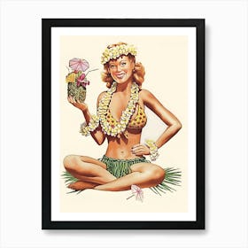 Pinup Erotic Hawaii Woman With Tropic Cocktail Art Print