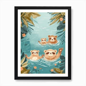 Sloth Bear Family Swimming In A River Storybook Illustration 2 Art Print