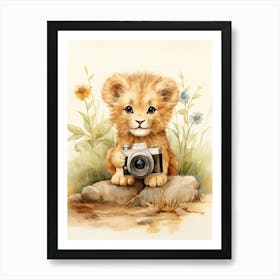 Taking Photos Watercolour Lion Art Painting 3 Art Print