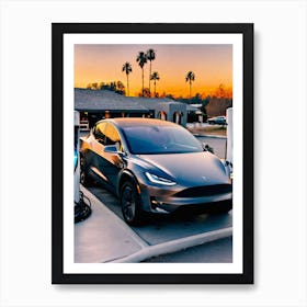 Tesla Model S Charging At Sunset Art Print