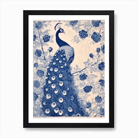 Navy Linocut Inspired Peacock With The Roses 4 Art Print