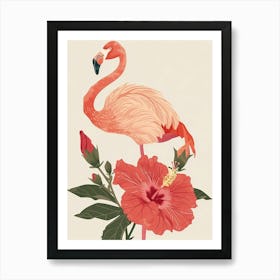 Jamess Flamingo And Hibiscus Minimalist Illustration 4 Art Print