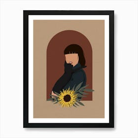 Minimal art Portrait Of A Woman Holding A Sunflower and Cat Art Print
