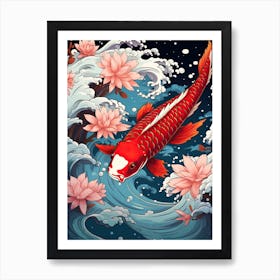 Koi Fish Animal Drawing In The Style Of Ukiyo E 4 Art Print