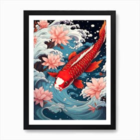 Koi Fish Animal Drawing In The Style Of Ukiyo E 4 Poster