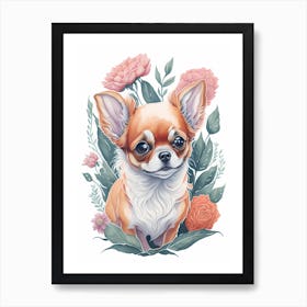 Cute Floral Chihuahua Dog Portrait Painting (2) Art Print