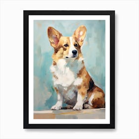 Corgi Dog, Painting In Light Teal And Brown 0 Art Print