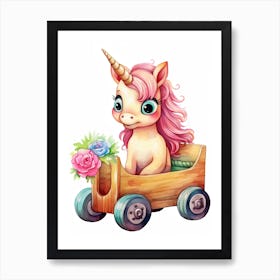 Baby Unicorn On A Toy Car, Watercolour Nursery 2 Art Print