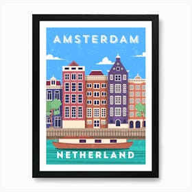 Amsterdam, Netherlands/Holland — Retro travel minimalist poster, retro travel wall art, vector art Art Print