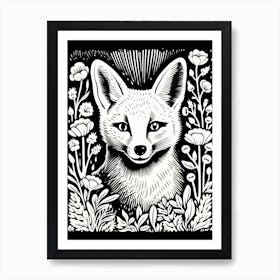 Fox In The Forest Linocut White Illustration 19 Art Print