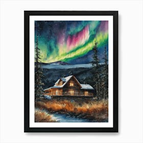 The Northern Lights - Aurora Borealis Rainbow Winter Snow Scene of Lapland Iceland Finland Norway Sweden Forest Lake Watercolor Beautiful Celestial Artwork for Home Gallery Wall Magical Etheral Dreamy Traditional Christmas Greeting Card Painting of Heavenly Fairylights 6 Art Print