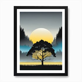 Sunset With A Tree, tree in sunset, tree, Forest, sunset,   Forest bathed in the warm glow of the setting sun, forest sunset illustration, forest at sunset, sunset forest vector art, sunset, forest painting,dark forest, landscape painting, nature vector art, Forest Sunset art, trees, pines, spruces, and firs, black, blue and yellow Art Print