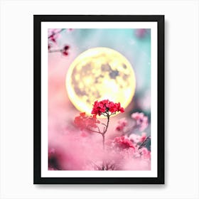 Full Moon With Pink Flowers Art Print