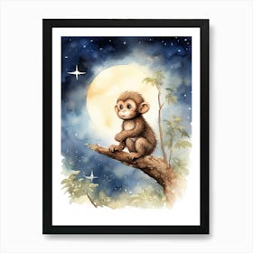 Monkey Painting Stargazing Watercolour 1 Art Print