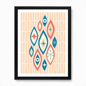 Atomic Age, Mcm Eyes Shapes And Stars, Blue, Peach Art Print