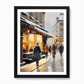 Paris cafes, winter season, Christmas, autumn oil colors, pale colors, pedestrians in the street, winter clothes, falling snow.6 Art Print