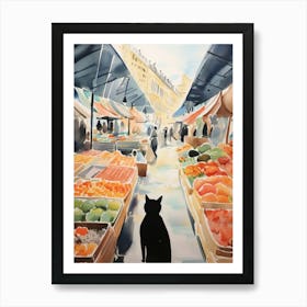 Food Market With Cats In Vienna 7 Watercolour Art Print