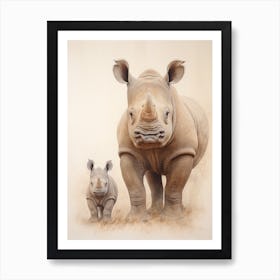 Rhino & Baby Rhino Detailed Illustration 1 Art Print