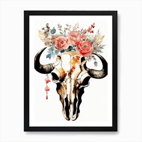 Vintage Boho Bull Skull Flowers Painting (47) Art Print