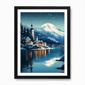 Winter Travel Night Illustration Lake Bled Slovenia Art Print