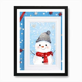 Watercolor Style Cute Snowman Peeking Around A White Wall Donning A Plush Red Scarf Shiny Hat Emb 1 Art Print