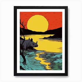 Linework Illustration With Rhino By The Sunset 2 Art Print