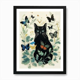 Cat Print Vintage Butterflies Illustration Black Cat Funny  Poster