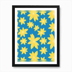 Yellow Flowers On Blue Background Art Print