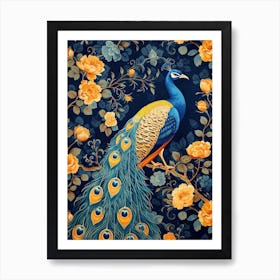 Navy Blue Floral Peacock Wallpaper Art Print