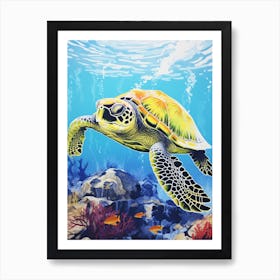 Sea Turtle In The Ocean Linograph Illustration 1 Art Print