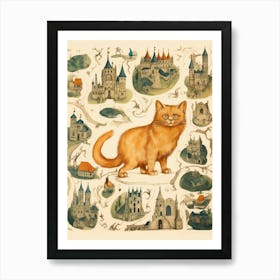 Medieval Style Cat & Village 2 Art Print