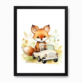 Baby Fox On Toy Car, Watercolour Nursery 1 Art Print