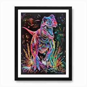 Neon Black & Rainbow T Rex Line Drawing 2 Art Print