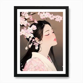 Beautiful Japanese Lady Under Cherry Blossoms Art Print