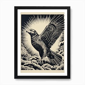 B&W Bird Linocut Red Tailed Hawk 4 Art Print