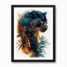 Double Exposure Realistic Black Panther With Jungle 24 Art Print