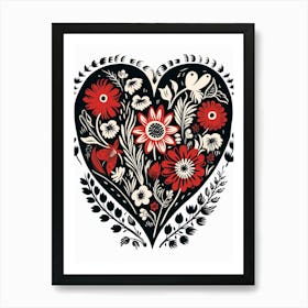 Folky Black Heart Floral Linocut Style 2 Art Print