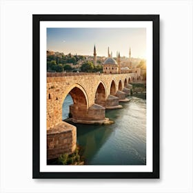 Ottoman Footbridge Arching Gracefully Over A Serene River Ancient Town Sprawling Hillside With Cobb (1) Art Print