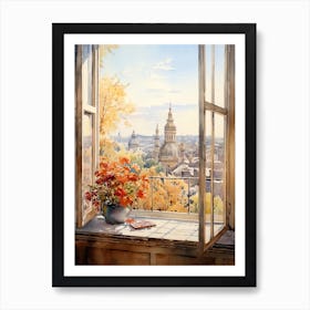Window View Of Sofia Bulgaria In Autumn Fall, Watercolour 1 Art Print