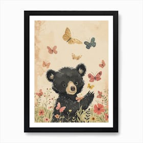 American Black Bear Cub Playing With Butterflies Storybook Illustration 2 Art Print