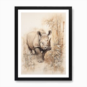 Rhino By The Trees Vintage Illustration 3 Art Print