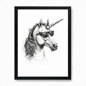 Unicorn In Sunglasses Black & White Illustration 2 Art Print