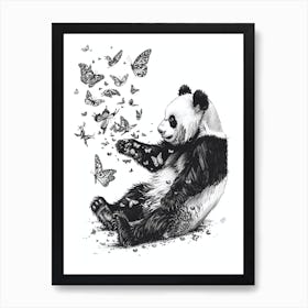 Giant Panda Cub Playing With Butterflies Ink Illustration 1 Art Print