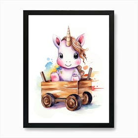 Baby Unicorn On A Toy Car, Watercolour Nursery 0 Art Print