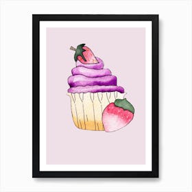 Purple Cupcake And Strawberry Art Print