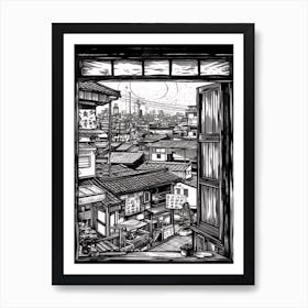 A Window View Of Tokyo In The Style Of Black And White  Line Art 3 Art Print