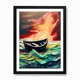 Lone Boat In The Sea, Charcoal, Colorful Art Print