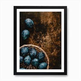 Blue Eggs In A Basket On A Dark Background Art Print